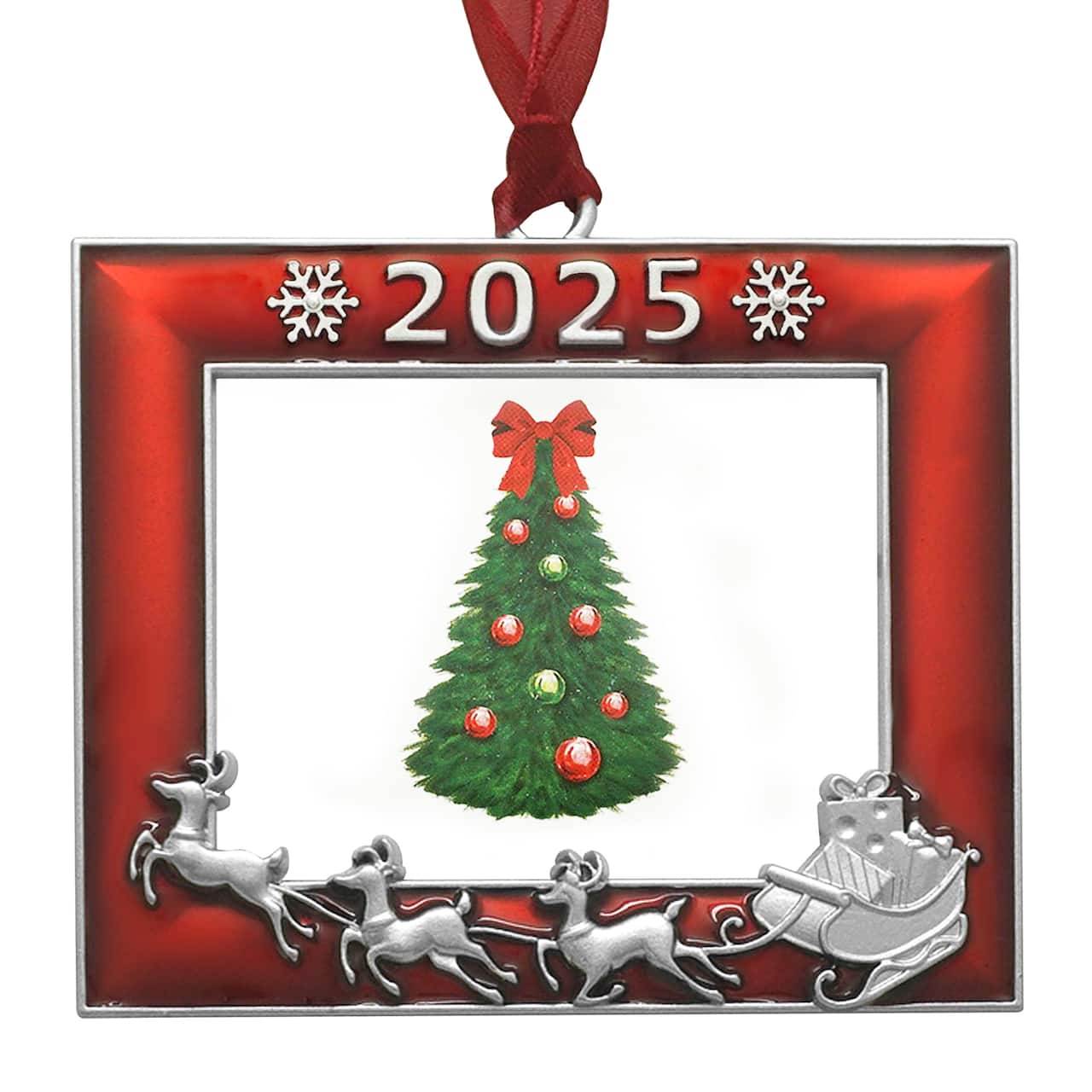 2" x 2.5" Red & Silver Reindeer & Sleigh Metal Ornament Frame by Studio Décor®